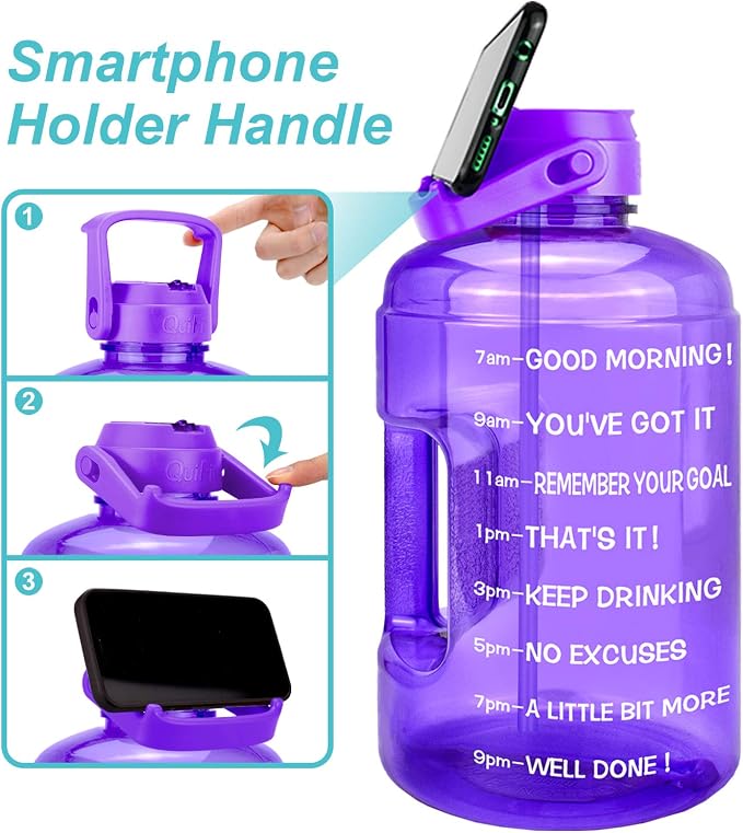 QuiFit 1 Gallon Water Bottle - with Straw & Motivational Time Marker Leak-Proof BPA Free Reusable Gym Sports Outdoor Large(128OZ/73OZ) Capacity Water Jug