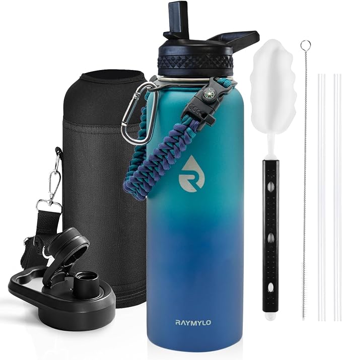 RAYMYLO Insulated Water Bottle 40 oz, Triple Wall Vacuum Stainless Steel | (Cold for 36Hrs, Hot for 18Hrs), Leak Proof & Non-BPA, Modern Water Flask Jug with Paracord Handle & Straw Spout Lids