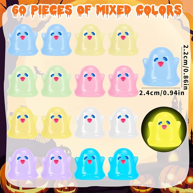64Pcs Halloween Luminous Mini Ghosts Figures 8 Colours Glow in The Dark Miniature Resin Ghost Figurines to Hide Bulk Tiny Small Statue for Halloween Party Favors Micro Garden Dollhouse Decorations