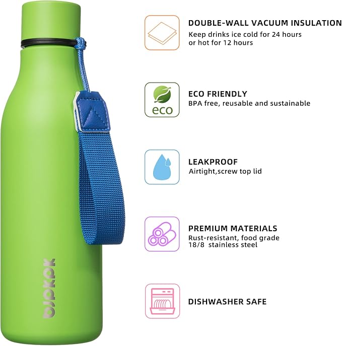 BJPKPK 18oz Insulated Water Bottle, Stainless Steel Bottle with Carry Strap