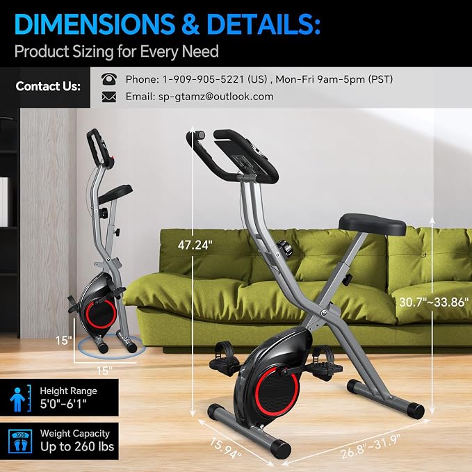 Lightweight 33LB Foldable Exercise Bike for Small Apartments, Stationary Bikes for Home Workout, Indoor Portable Cycling Bike with 16-Level Magnetic Resistance, 260LBS Capacity, 5.5 LBS Flywheel