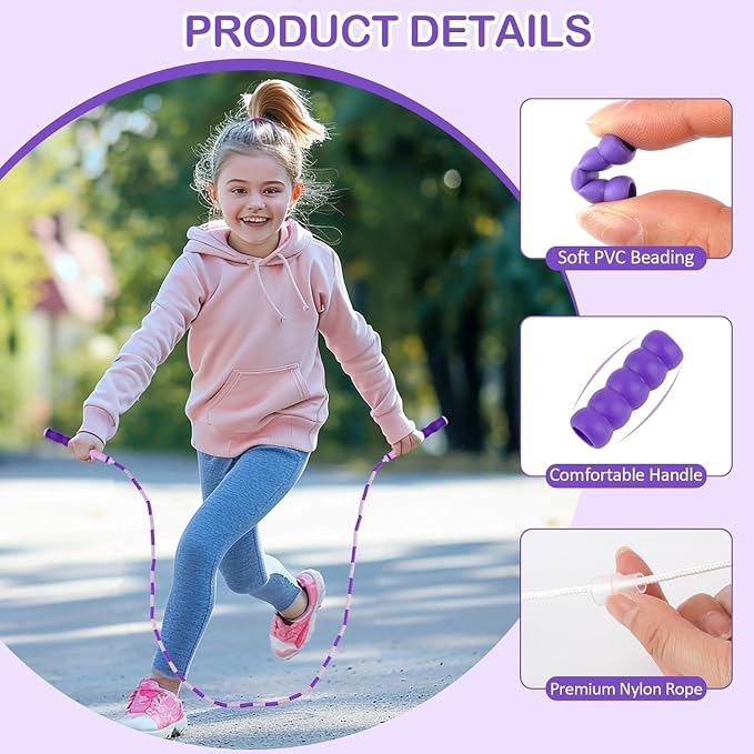 Jump Rope for Kids, Adjustable Jump Ropes for 4 5 6 7 8 10 12, Tangle Free | Jumping Rope Age 8-12, Segmented Soft Beaded Skipping Rope for Women Fitness