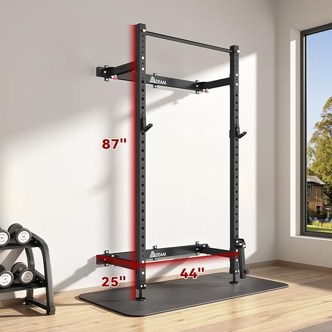 Mdeam Folding Squat Rack,2.36"x2.36" Wall Mounted Power Rack for Home Gym | Foldable Space-Saving,Heavy-Duty 1000LBS Capacity,with Pull-Up Bar, J-hooks,Landmine,Multi-Functional for Full-Body Training