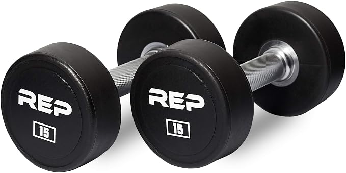 REP Fitness Urethane Coated Round Dumbbells, 5 to 100 lbs, Singles or Pairs, With or Without Rack, Steel Core, Rubber Encased, Chrome Handles, Professional Weights for Home Gym Strength Training
