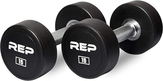 REP Fitness Urethane Coated Round Dumbbells, 5 to 100 lbs, Singles or Pairs, With or Without Rack, Steel Core, Rubber Encased, Chrome Handles, Professional Weights for Home Gym Strength Training
