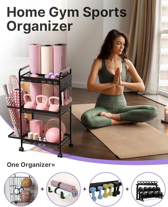 YOTTOY 3-Tier Gym Storage Rack for Home Gym–Multi-Functional Weight Rack, Dumbbell Rack, Yoga Mat Holder with Side Basket & 6 Hooks, Gym Equipment Organizer