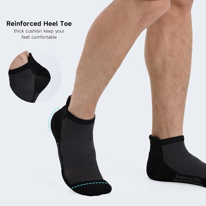 BAMBOO COOL Men's Ankle Socks Moisture Wicking Breathable Odor Control Athletic Cushioned Running Socks Arch Support 8 Pack