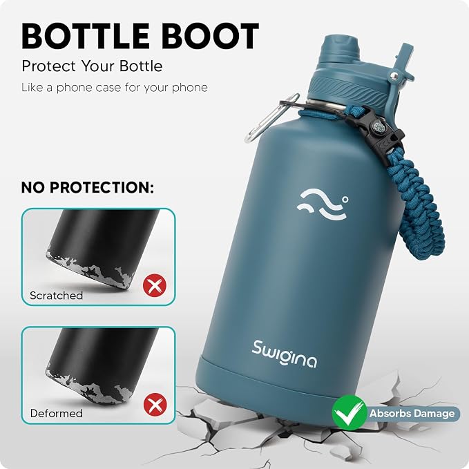 Swigina 64 oz Insulated Water Bottle with Silicone Boot (48hrs Cold/24hrs Hot) - DIY Stickers, Leakproof, BPA Free, Half Gallon [2-IN-1 LID