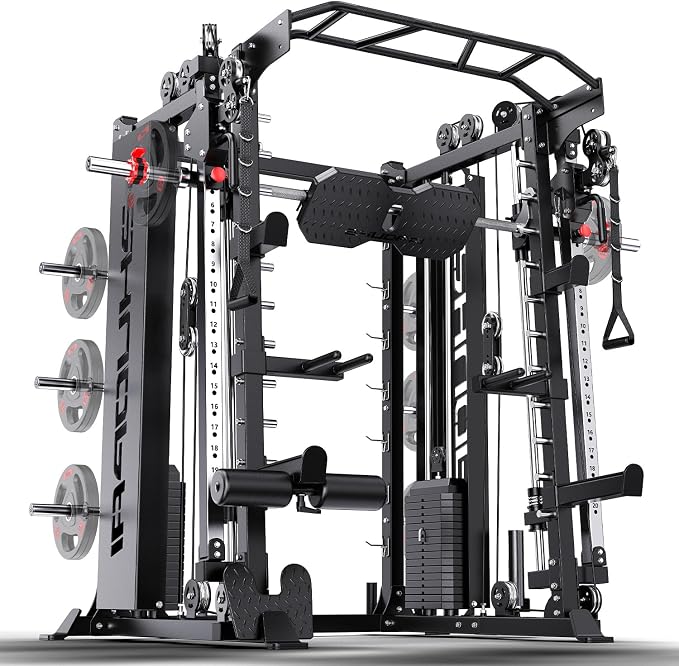XGSW Smith Machine with Weight Stack, Multi-Function Squat Rack Power Cage with Cable Crossover System, for Home Gym