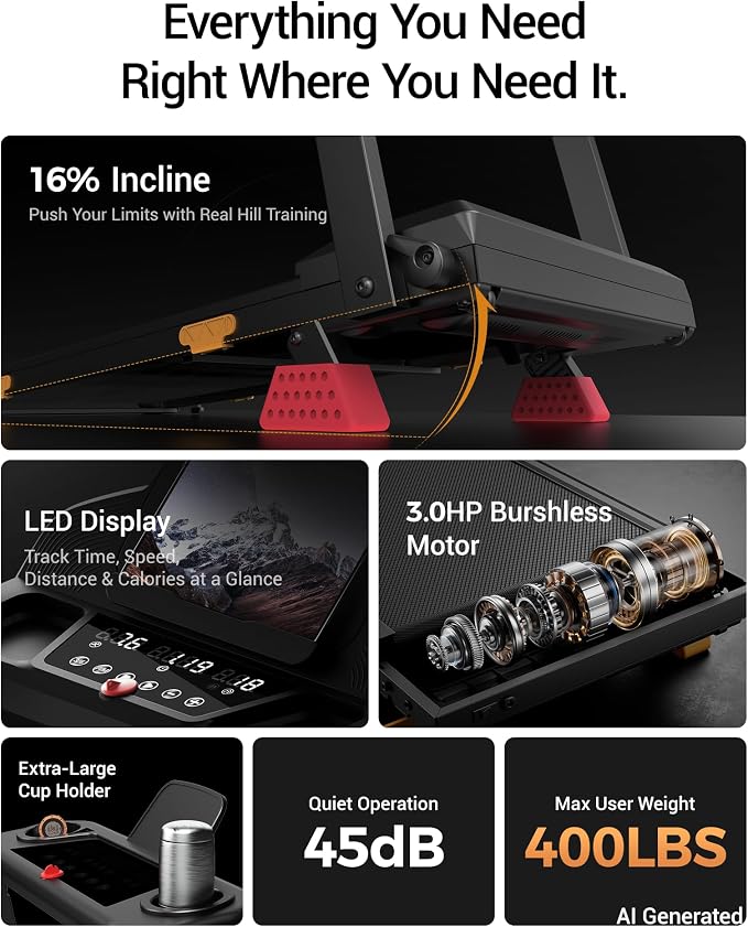 16% Foldable Incline Treadmills for Home, 12 Automatic Modes