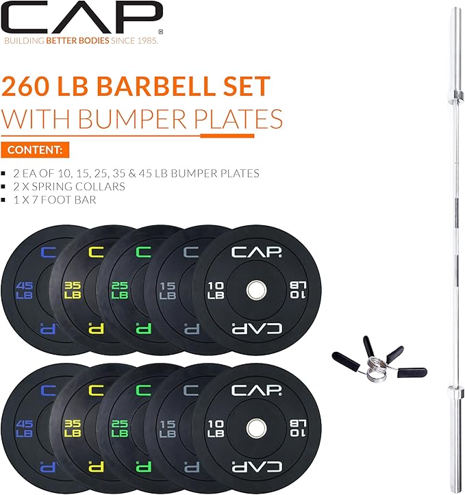 CAP Barbell Olympic Weight Set with 7ft Barbell & Bumper Plates | 160-370 lbs | Multiple Options