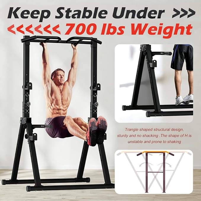 Foldable Power Tower Pull Up Bar Station, Adjustable Height | 700lbs Loading,Free Standing Pull Up Power Tower Station,Portable and Space Saving,fits Woman and Man, Mulit-grips,