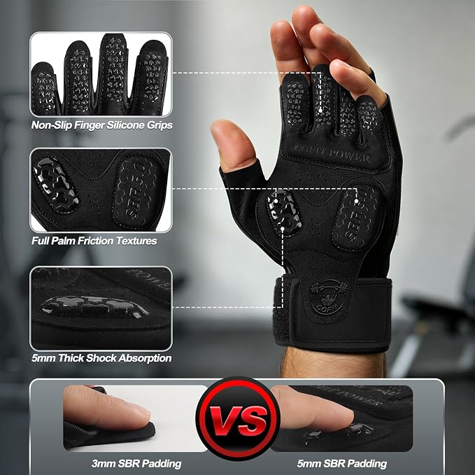Workout Gloves for Men and Women, Gym Gloves with Wrist Support, Weight Lifting Gloves with 5MM SBR Palm Padding, Breathable Non-Slip Lifting Gloves for Exercise, Fitness, Weight Training
