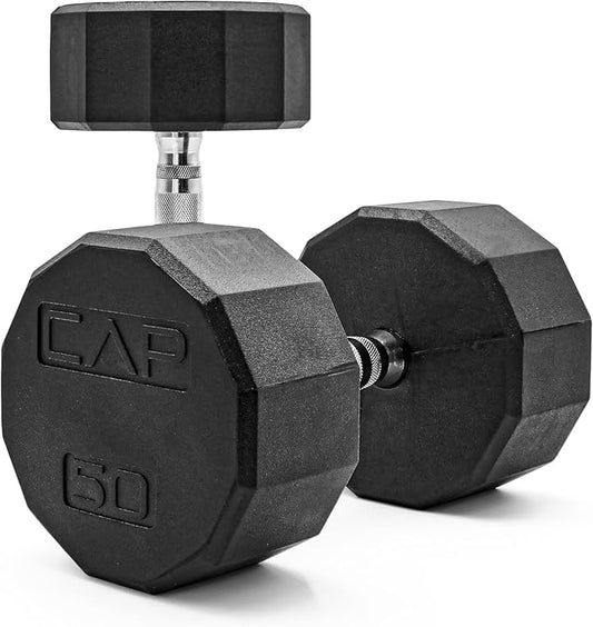 CAP Rubber Coated Dumbbell Weights, Free Weights for Home Gym Strength Training, Anti-Roll Hex Dumbbells with Black, Chrome & Comfort Grip Handles, Pairs & Sets