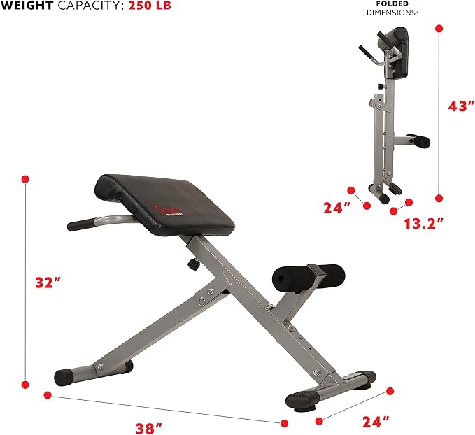 Sunny Health & Fitness Foldable Roman Chair, Back Hyperextension Bench | Adjustable Height, Folds Flat for Storage, Built in Dip Station, Targets Back, Abs & Core, Crunches & Back Extensions