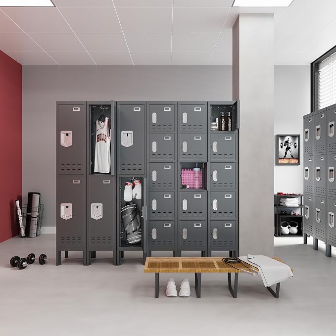 BUTISOW Metal Storage Locker with Lock & Card Slot Locker - Secure Lockable Door - Steel Locker for School, Office, Gym, Home - 66.15" H x 11.8" W x 11.8" (5 Door, Grey)
