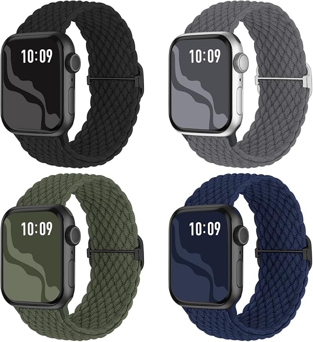 4 Pack Braided Stretchy Bands Compatible with Apple Watch 40mm 41mm 38mm 42mm 44mm 45mm 46mm 49mm Women Men, Breathable Nylon Elastic Daily Use Straps for iWatch Series 11/10 9 8 7 6 5 4 3 SE/Ultra 2