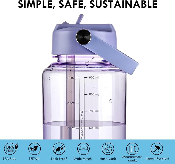 OLDLEY 32oz Water Bottle with Straw,Leakproof Tritan Clear Bottle with Marked Bottle and Carry Handle,BPA-Free Wide Mouth Reusable Sports Water Bottle for Gym,Hiking,Camping,Travel,Workout,Lilac Mist