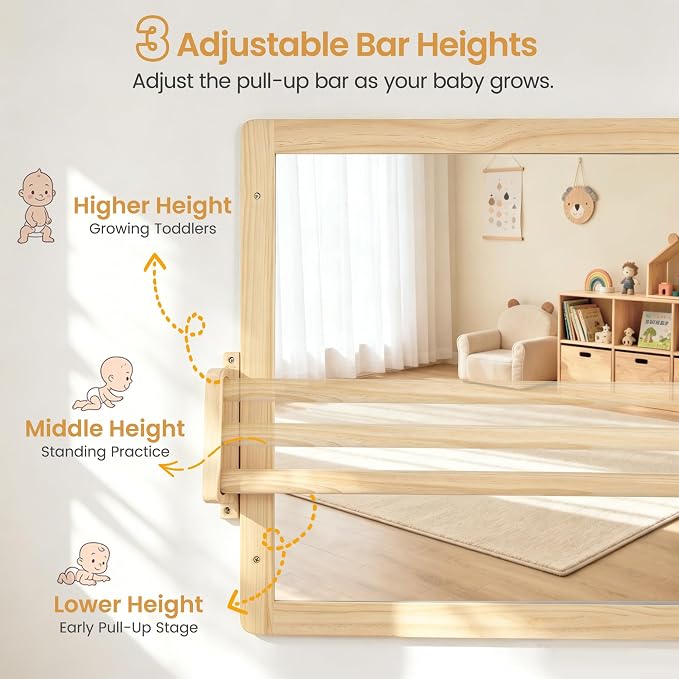 Montessori Mirror with Pull Up Bar, Large 38.2 x 23.6 in Natural Wood & Shatter-Resistant Acrylic Baby Mirror for Tummy Time, Horizontal/Vertical Floor Use, Wall Mounting and Pull-to-Stand