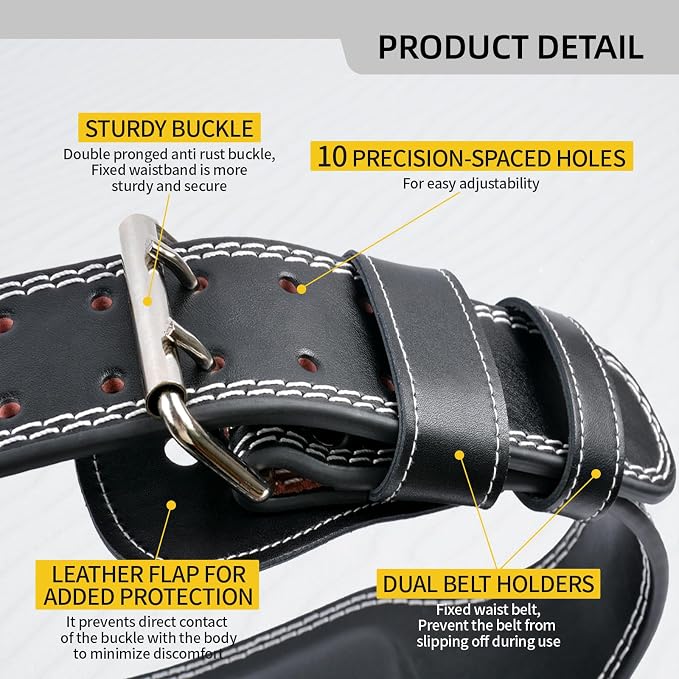Genuine Leather Weight Lifting Belt, 4”& 6” Padded Lumbar Back Support, 10 Adjustable Holes, Gym Weight Belt Ideal for Deadlift, Powerlifting, Bodybuilding and Squat