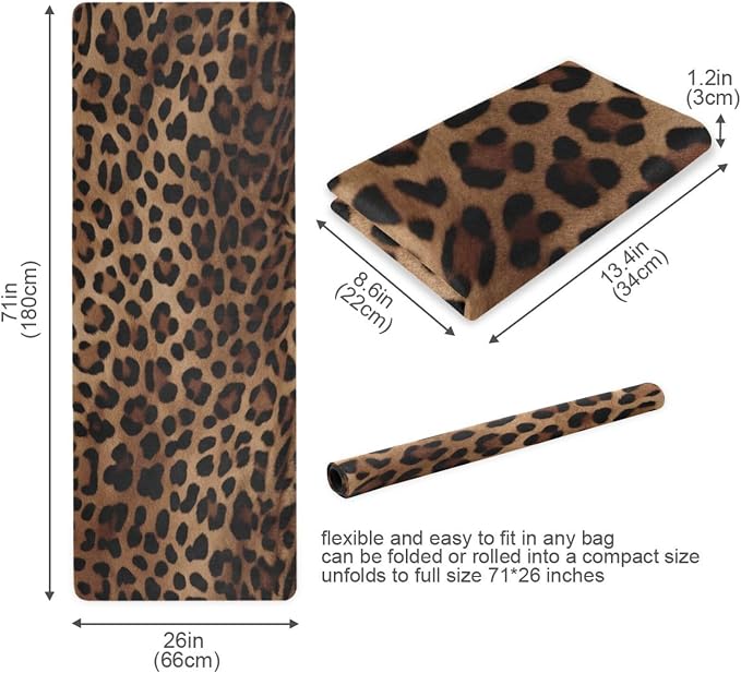 Leopard Print Yoga Mat Non Slip Natural Rubber Fitness Exercise Mat for Home Workout Gym Stretching Pilates Mats with Carrying Bag 71" x 26"