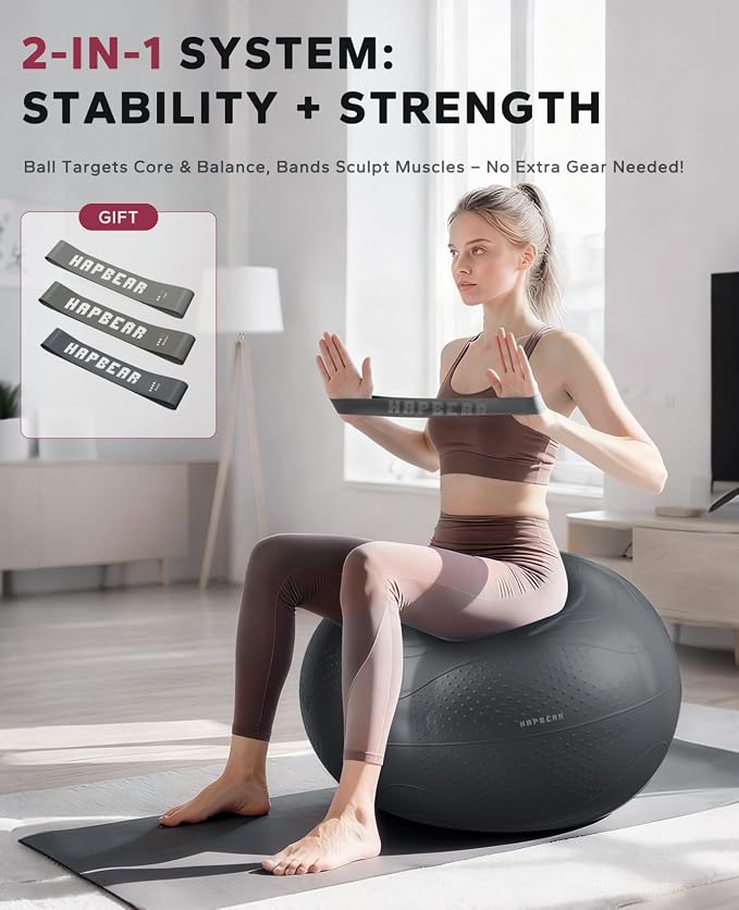 HAPBEAR Exercise Ball- Anti-Burst Slip-Resistant Yoga/Pilates Ball for Core Training & Posture Improvement, Home Gym/Rehab/Pregnancy Ball, Quick Pump & 3 Resistance Bands Included