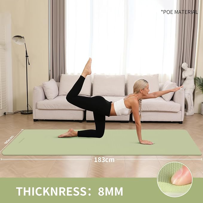 Extra Wide & Thick 8mm Yoga Mat, 72"x31.5" | Large Non Slip Exercise Mat, Premium POE Material, Superior Cushioning & Stability, With Strap for Home Gym, Pilates