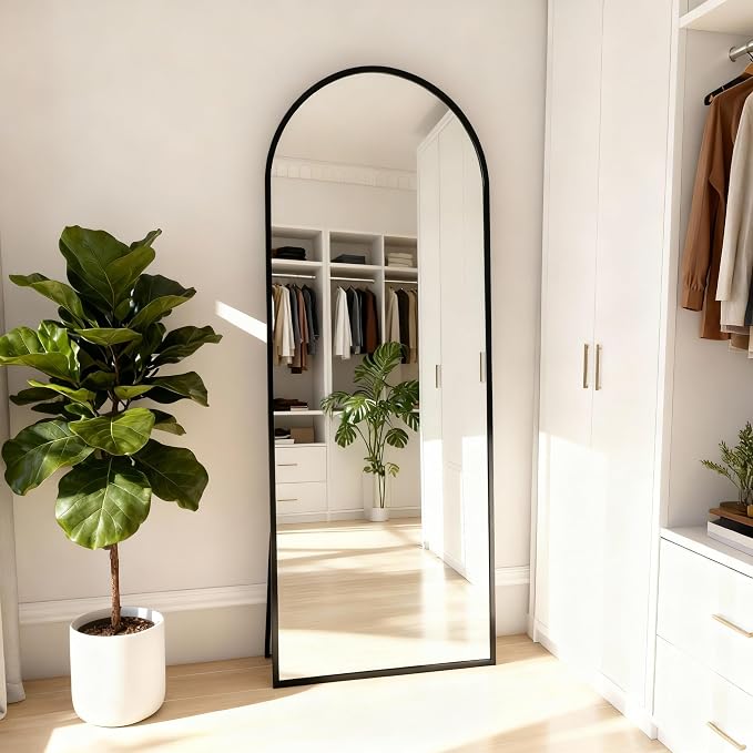 Arched Full Length Mirror 56"x15" Black | Aluminum Frame Shatterproof Glass, Freestanding Leaning Wall Mounted Mirror for Bedroom Living Room Entryway, Modern