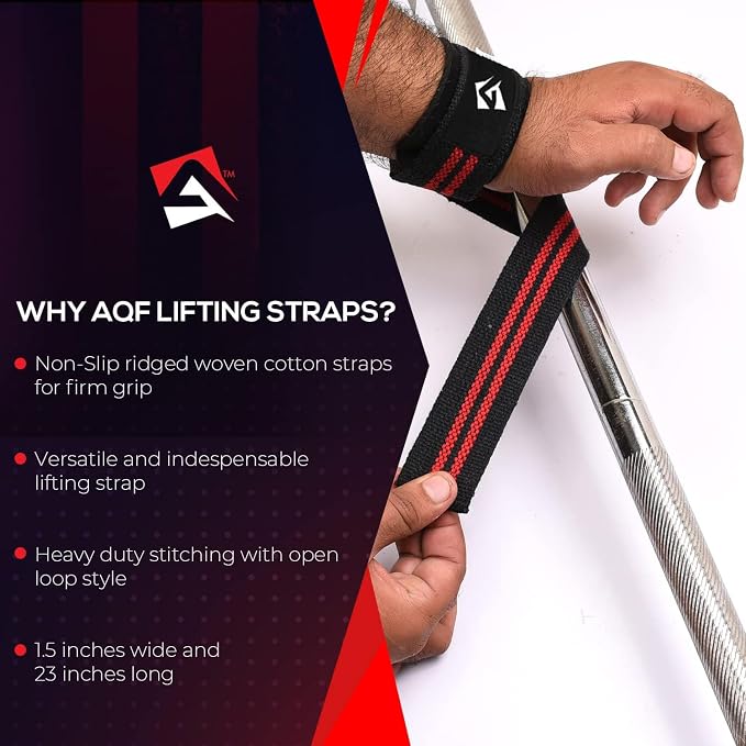 AQF Weight Lifting Straps, Padded Cotton Gym Wrist Straps for Deadlifts | 23" Extra-Long, Heavy-Duty Webbing, 5mm Neoprene Cushioning, Open-Loop Design, Sold as Pair, Ideal for Rows & Pull Workout