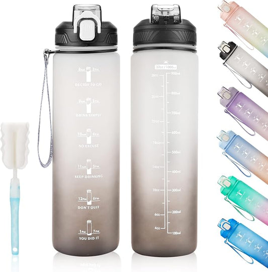 YC Kitchen Motivational Water Bottle with Time Marker- 32oz Water Bottles with Times to Drink, Leakproof & BPA Free Sports Water Bottle with Straw & Carry Strap for Fitness, Gym, and Outdoor Sports