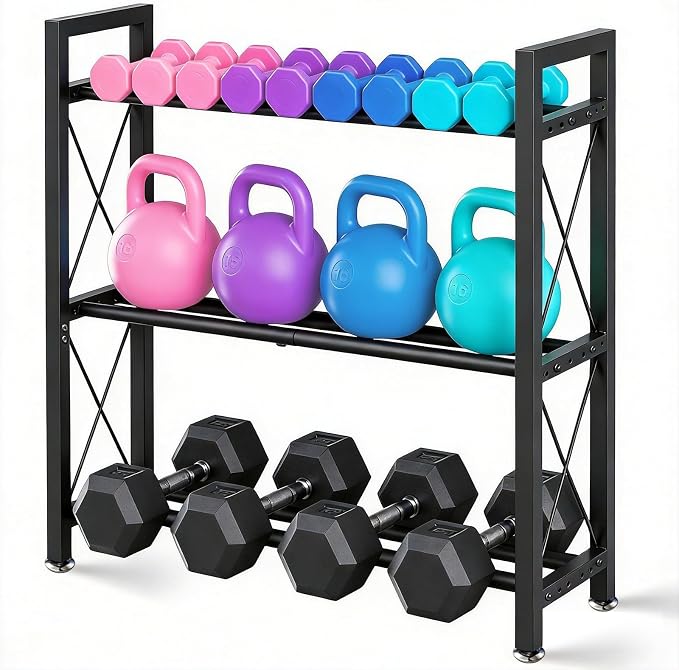 Dumbbell Rack Stand Only, 2 Tier | 3 Tier Adjustable Weight Rack | Thick Steel, Stable Compact H-Frame, Custom Bar Gap, Non-Slip Base, Waterproof Rustproof Coating, For Home Gym Garage Storage
