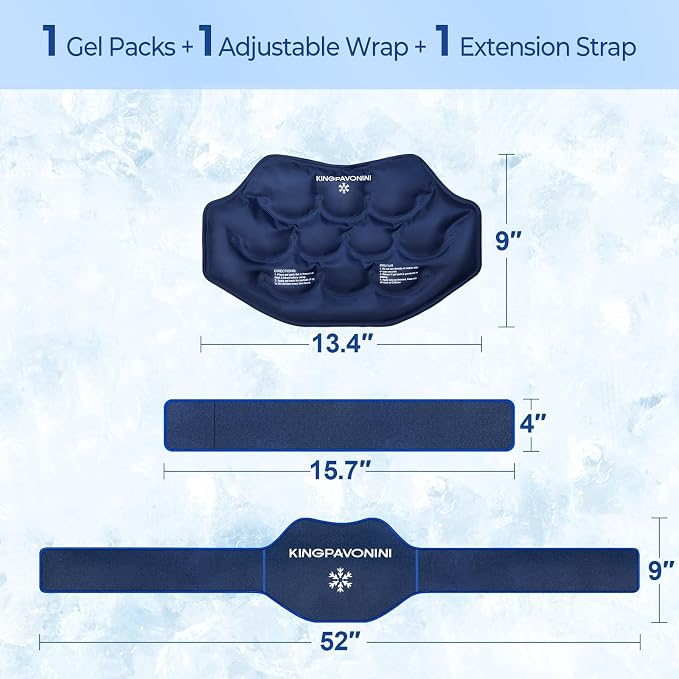 Extra Large Ice Pack for Back Pain Relief, 1 Gel Pack, Blue | Leakproof Lower Back Ice Pack, More Gel for Instant Pain Relief, Extension Strap, Hot Cold Therapy, Skin-Safe Lycra Fabric