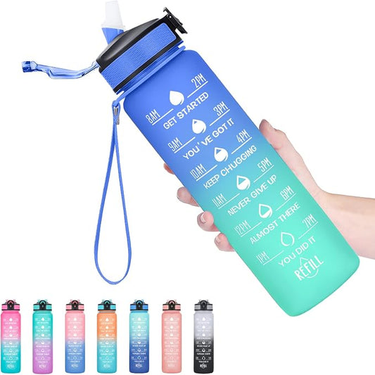 Hyeta Water Bottle with Straw & Time Marker, Plastic 32oz Leakproof | Motivational Tritan BPA Free Gym Office Outdoor Intake Tracker Hourly Reminder Straw Lid Carry Strap