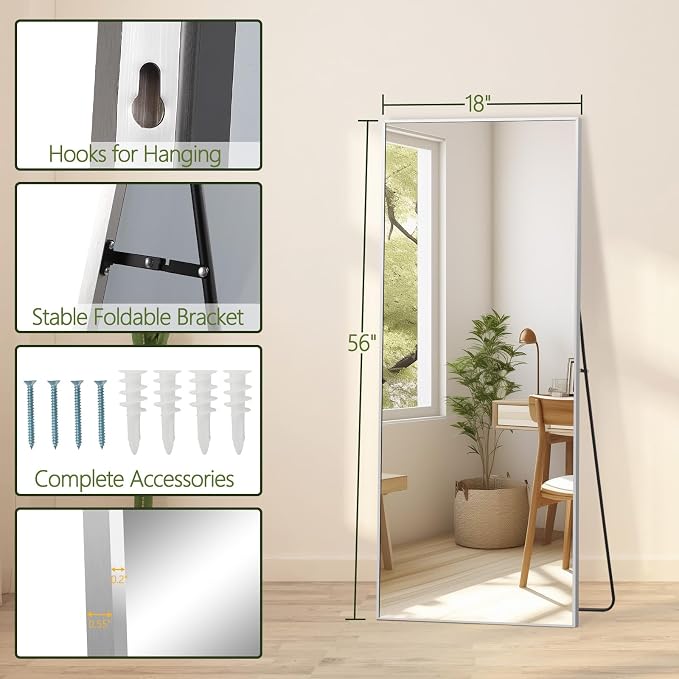 MELOMOIR 56"x18" Full Length Mirror, Silver Floor Mirror with Stand or Wall Mount, Aluminum Alloy Frame Full Body Mirror for Bedroom, Living Room, Cloakroom, Hallway