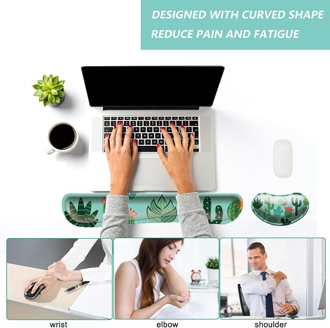 Keyboard Wrist Rest Mouse Wrist Support Set, Memory Foam Wrist Rest Pad for Computer Laptop Keyboard Mouse, Ergonomic Wrist Cushion Support for Typing Pain Relief, Gaming Home Office, Cactus