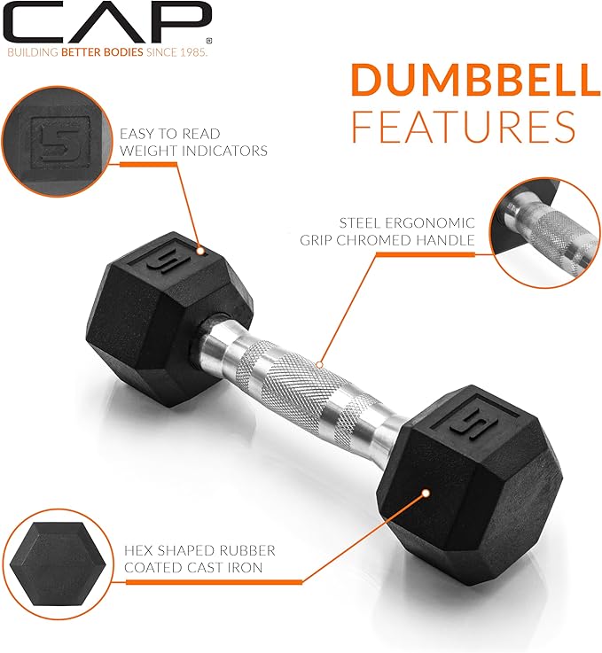 CAP Rubber Coated Dumbbell Weights, Free Weights for Home Gym Strength Training, Anti-Roll Hex Dumbbells with Black, Chrome & Comfort Grip Handles, Pairs & Sets