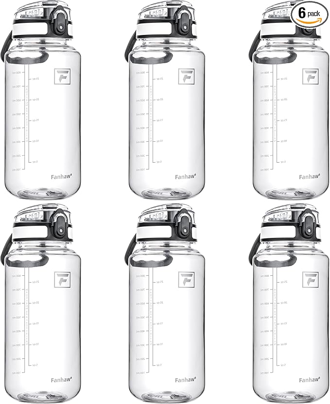 Fanhaw 32 Oz Clear Tritan Water Bottle (6 Pack), BPA-Free & Leak-Proof, Wide Mouth with Anti-dust Chug Lid, Reusable Plastic Bottle for Gym, Travel, School & Office (Clear&White)