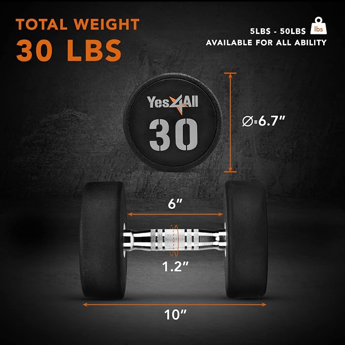Yes4All Urethane Dumbbell with Anti-Slip Knurled Handle 5-50 LB for Muscle Building - Sold Individually