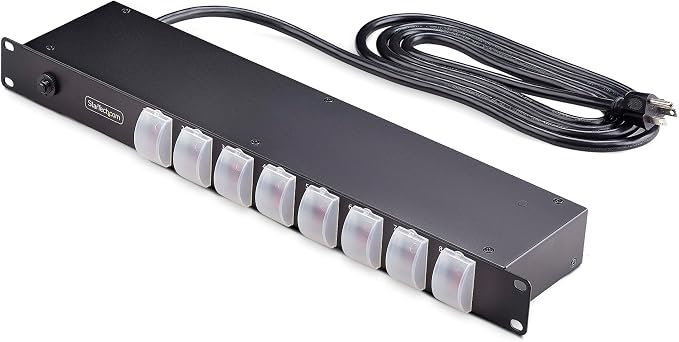 StarTech 8-Outlet 1U Switched PDU, 15A, TAA, 125V (8NS8-RACK-MOUNT-PDU) | Horizontal rack mount power strip, Outlet on/off switches, 15A breaker, 8ft/2.4m cord, NEMA 5-15, Illuminated rockers