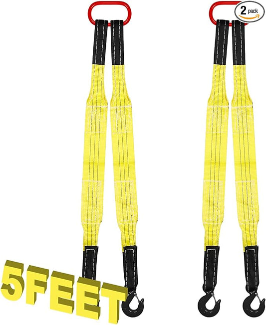 2 Pack Lifting Slings Straps with Hooks Web Slings Capacity Polyester Bridle Sling Heavy Duty Two Leg Lifting Straps for Engines Cranes Hoists Truck (5.5ft,Yellow)