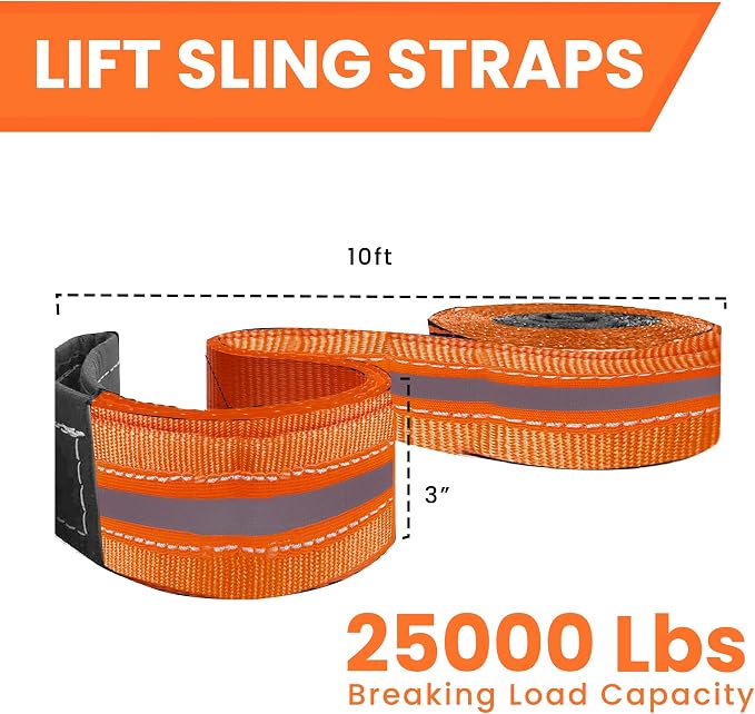2Packs 3”x10Ft Super Sturdy Lift Sling Straps 25000 Lbs Breaking Load Capacity Heavy Duty Lifting Sling Moving Straps Tree Saver Crane Strap Recovery Reusable Straps Tow Strap Pull Hoist Endless Strap