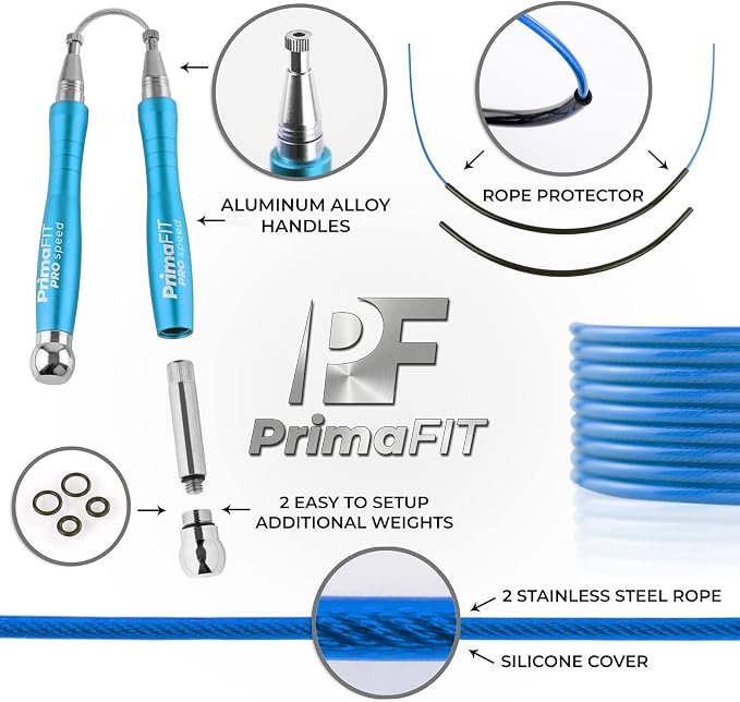 PrimaFIT Pro Speed Jump Rope for Adults, Weighted Skipping Rope for Boxing | Adjustable Jumping Rope for Fitness Workout & CrossFit Exercise, Double Unders, Handle Weights, 3m Cables 2 Protectors, Bag