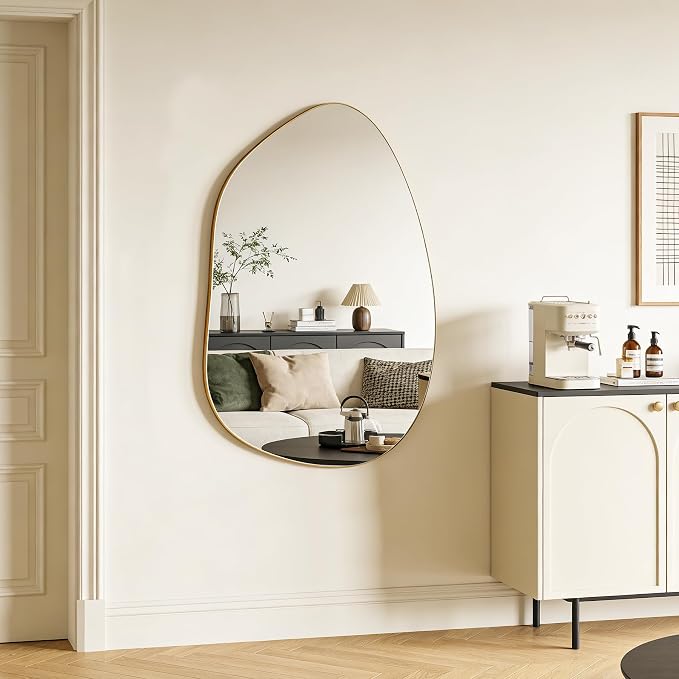 Irregular Wall Mirror Asymmetrical Mirror, Gold Mirror for Bathroom Living Room Entryway Bedroom, Decorative Modern Mirror, Tempered Glass, Shatterproof, Hangs Horizontally or Vertically (40" x 28")