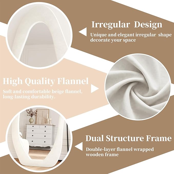 Wall Mirror 56"x24", Irregular Wavy Full Length Mirror | Full Body Mirror with Stand, Flannel Mirror for Bedroom, Living Room, Dressing Room, Entryway, Beige