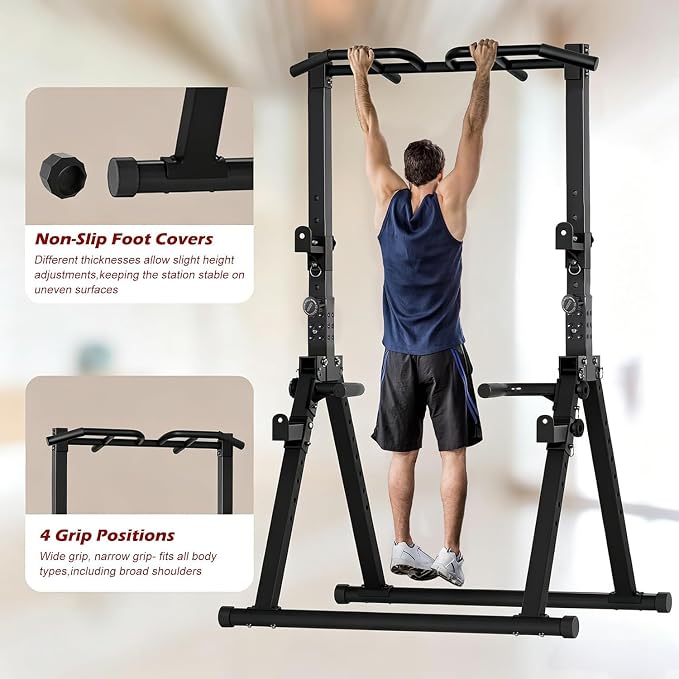 Foldable Power Tower Pull Up Bar Station, Adjustable Height | 700lbs Loading,Free Standing Pull Up Power Tower Station,Portable and Space Saving,fits Woman and Man, Mulit-grips,