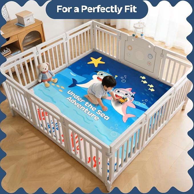 RONGFA Baby Play Mat for Floor, 71'' x 59'' Thicken Foam Soft Padded Playmat for Tummy Time, Playpen Mat for Toddlers Infant Kids, Water-Repellent Coral Velvet, Non-Slip Bottom Safe for Crawling (SEA)
