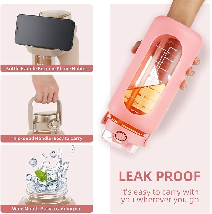 52 oz Glass Water Bottle with 2-in-1 Straw Lid Large Half Gallon Water Bottle with Time Marker & Removable Silicone Sleeve,Wide Mouth BPA-Free Borosilicate Bottle for Gym, Workout & Daily Use