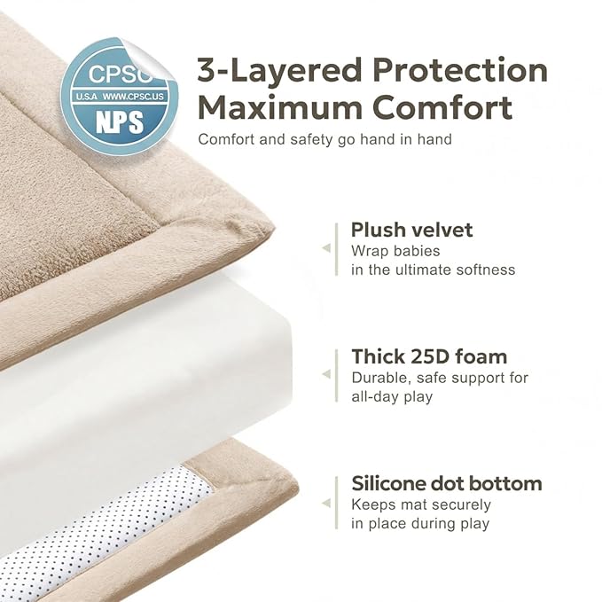 Mallify Ultra Soft 1.3" Thick Baby Play Mat for Floor, Large Velvet 59"x79" Playpen Mat, Baby-Safe & Non-Slip Tummy Time Mat, Crawling Mat for Babies, Toddlers, Infants, Kids, Easy Care, Beige