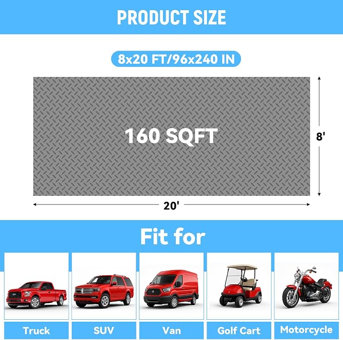 8x20 FT Garage Floor Mat, 2.8mm Thickened Diamond Plate | PVC Flooring Roll for Under Car/Garage/Warehouse/Basement/Gyms/Trailer, 160 SQFT Garage Mat, Tapes Included, Gray