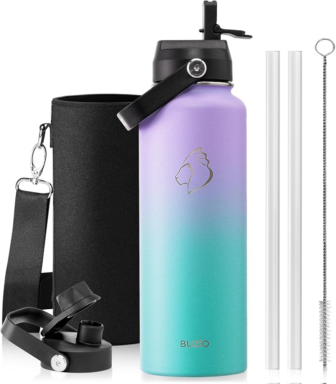 BUZIO Triple Wall Vacuum Water Bottle with Dust-proof Straw & Spout Lids | 40 oz Insulated Stainless Steel Water Flask (Cold for 48 Hrs/Hot for 24 Hrs), Dishwasher Safe, Leakproof, Non-BPA, for Hiking